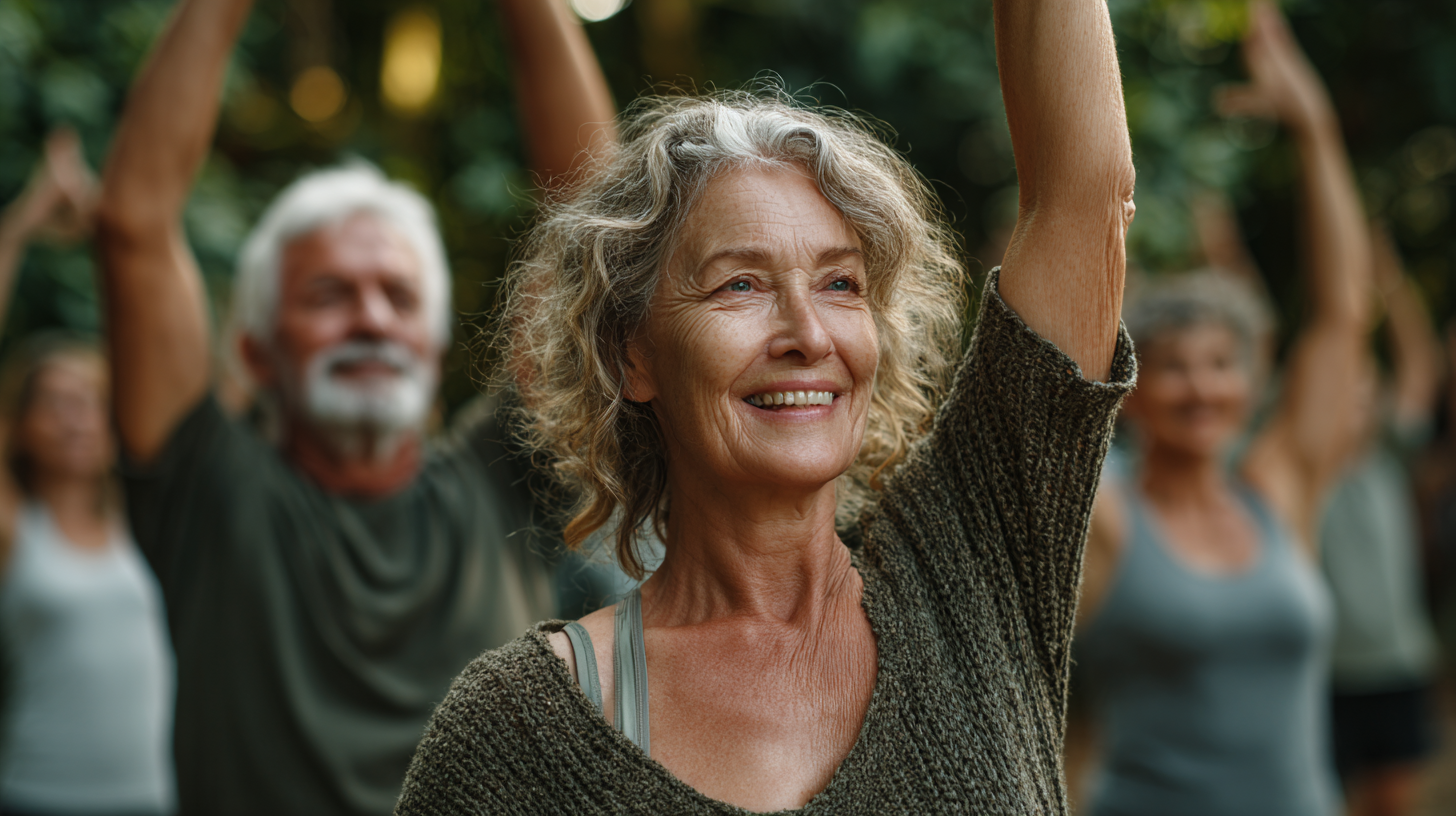 Grup de adulți maturi practicând exerciții de fitness într-un parc frumos, înconjurați de copaci verzi și natură