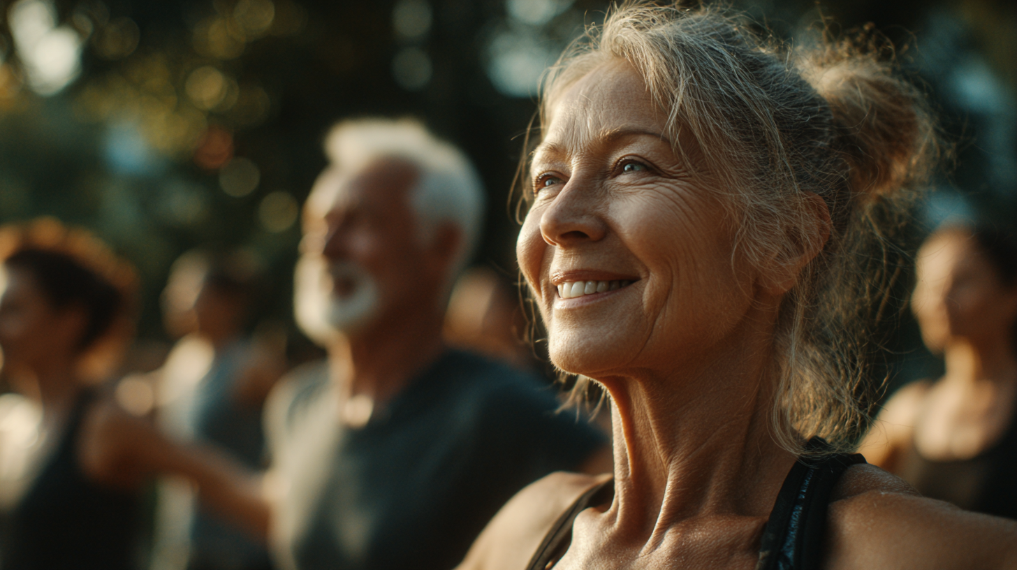 Instructor certificat ghidând un grup de persoane mature într-o sesiune de stretching în aer liber, pe un gazon verde
